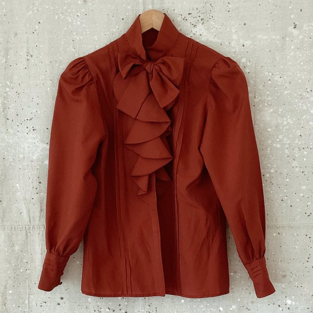 70's Rust Bow Ruffled Secretary Blouse/Pintuck/Button Up/Handmade - Picture 8 of 10
